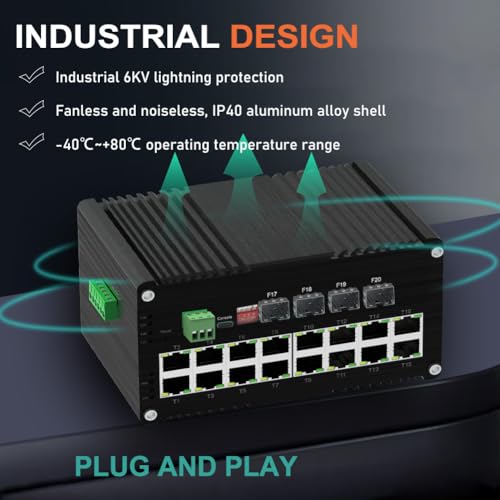 Image of Industrial 16 Ports L2 Managed Gigabit PoE Fiber Switch with 4 1000Base-X SFP Slots Layer 2+ Web Management Din Rail Network Switch 802.3at 30W Support QOS, VLAN, Ring Network, IGMP 48-57V DC Input