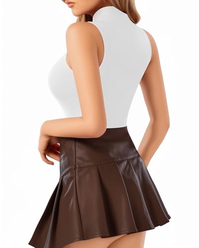 Image of MANGOPOP Women's Mock Turtle Neck Sleeveless Tank Tops / Long Sleeve Bodysuit Jumpsuit (A01 White (Modal), Medium)