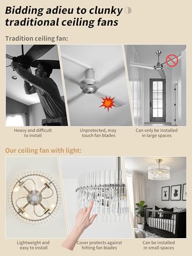 Image of SYDACG 20 inch Silver and Clear Crystal Fandelier Ceiling Fan with Light, Mid-Century Chandelier Ceiling Fan with Light Remote Control, 6 Speeds for Bedroom, Nursery, Living Room
