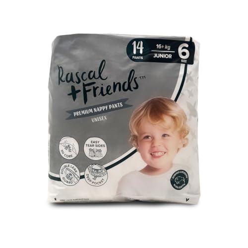 Image of Rascal & Friends Premium Pants Style Baby diapers with easy-tear sides and double leak guards. 3D core technology and deep pocket absorb upto 12 hours | Size 6 (XXL), 14 Count, 16kg +