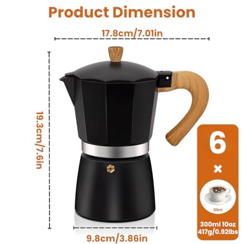 Image of Moka Pot 6-Cup 300ml, Premium Matte Black Stainless Steel Stovetop Espresso Maker for Induction & All Heat Sources | Brew Rich, Italian-Style Coffee at Home with Durable, Easy-to-Clean Design