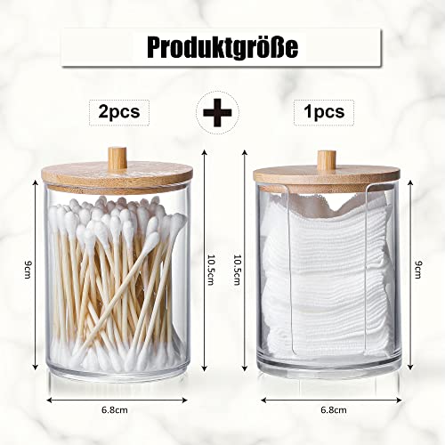 INCETUE 3er-Pack Wattepadspender aus Acryl und Wattestäbchenbehälter mit Bambusdeckel – Badezimmer Organizer und Schminktisch Organizer Box für Cotton Pads, Q-Tips und Ohrstöpsel zur Aufbewahrung