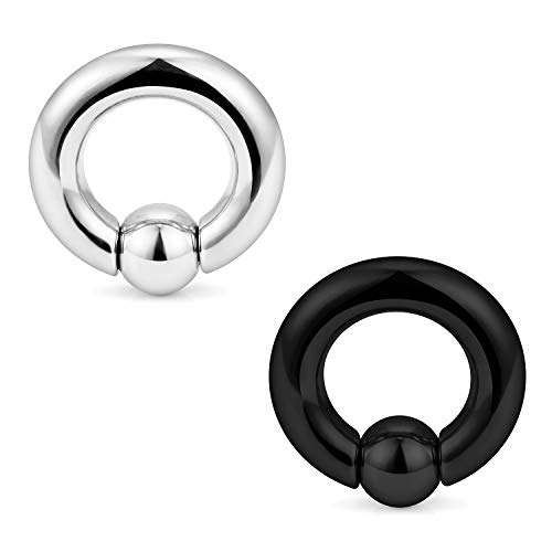 Lcolyoli 2PCS PA Ring Internally Threaded Captive Bead Rings Spring Action CBR Monster Screwball Rings 316L Surgical Steel Pierced Body Jewelry 8G Silver-Tone Black 12mm