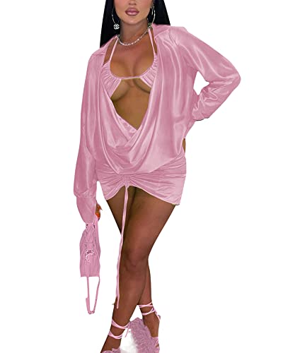 Image of Women's Sexy Long Sleeve Two 2 Pieces Outfits Sheer Mesh Mini Dress Skirt Set Top V Neck Backless Ruched Bodycon Cover Up