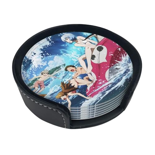 コースター 新世紀エヴァンゲリオン EVA 茶パッド PUレザー 丸型 6点セット 茶托 コップ敷き カップマット 卓上保護 割れない 滑りにくい マグカップ適用 業務用 食事 オフィス 自宅 収納ケース付き 人気 新築祝い プレゼント