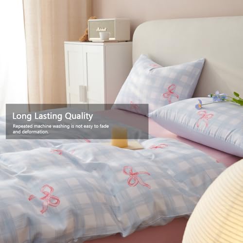 Image of Girls Duvet Cover Set Full Size Pink Bowknot and Blue Gingham Printed Design,Cozy Bedding Set 3pcs Simple and Elegant Style,Microfiber Comforter Cover with Zipper Closure and 2 Pillowcases