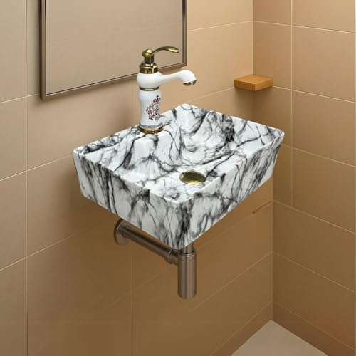 Image of Artiva Ceramic Wall Mounted Bathroom Basin /Designer Table Top Sink For Bathroom /Wall Hung Washbasin /Wash Basin For Cabinet, Countertop, Vanity /Glossy Vessel Sink (Cloudy White 16 x 12 x 5 Inch)