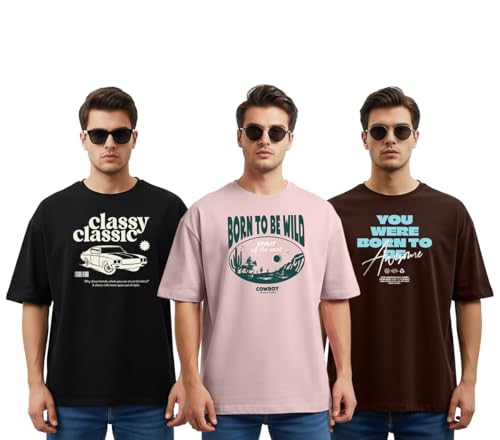 Image of Cotton Blend Oversized Baggy Fit Drop Shoulder Round Neck Graphic Printed Half Sleeve T-Shirt Combo for Men (Pack of 3)