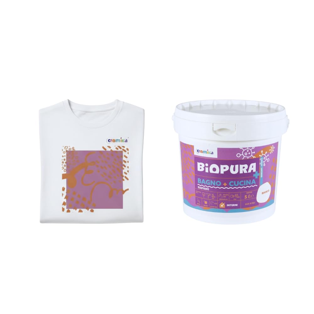 Kit Idropittura Traspirante Antimuffa Bianco Bagno Cucina 5 Litri con T-shirt Soft Chaos in Cotone, Design Malva e Terracotta (M)