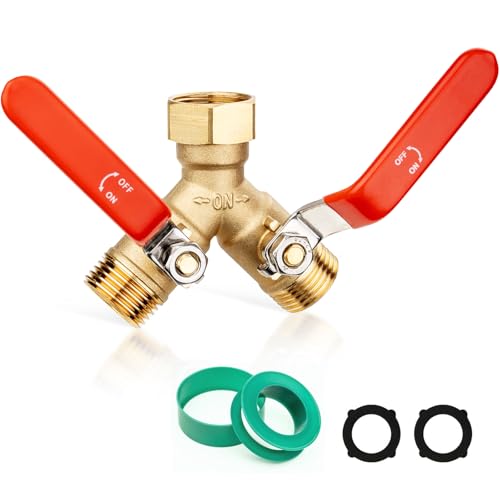 SheeChung RV Hose Splitter 2 Way Heavy Duty, Garden Hose Y Splitter With Stainless Steel Long Handle, Brass Outdoor Y Valve Splitter, Full Flow Splitter For 3/4" GHT Threads, Red