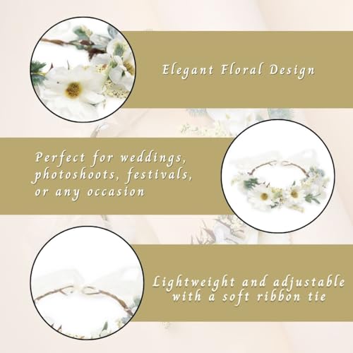 Image of Radhu & Kabby White Daisy Floral Hair Tiara for Women | Artificial Flower Crown with Ribbon Tie | Elegant Headpiece for Weddings, Photoshoots, Festivals & Celebrations | Lightweight | 1 Pc