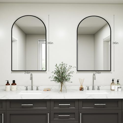 Image of DUMOS Black Metal Arch Vanity Rounded Rectangle Bathroom Mirrors for Over Sink Wall, 24x37 Inch Large Matte Mirror, Modern Decorative for Restroom, Farmhouse