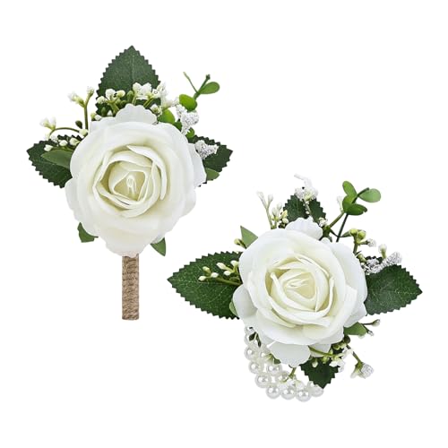 WGBBDG 2Pcs White Rose Corsage and Men Boutonniere Set Wrist Band Bracelets for Wedding Bride Bridesmaid Groom Groomsmen Flower Accessories Prom Party Man Suit Decor