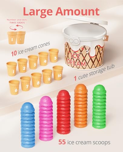 Image of JoyCat Ice Cream Preschool Learning Activities Counting and Color Sorting Set Stacking Toys for Kids 3-5, Educational Fine Motor Skills Toys, 65PCS Math Manipulatives