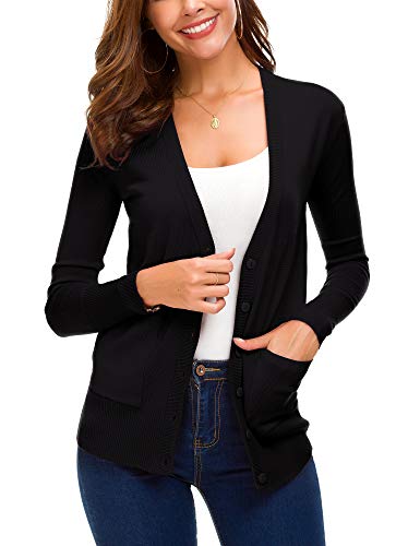 Women's Front Cardigan Button Down Knitted Sweater Coat With Pockets (L, Black) #TOP2