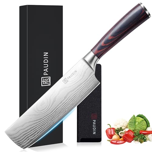 PAUDIN Nakiri Knife – 7″ Razor Sharp Meat Cleaver and Vegetable Kitchen Knife, High Carbon Stainless Steel, Multipurpose Asian Chef Knife for Home and Kitchen with Ergonomic Handle