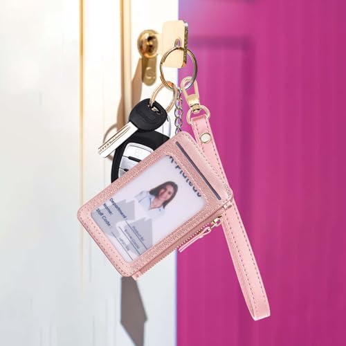Image of M-Plateau RFID Blocking Keychain Wallet With Leather Wrist Strap | Keychain Wristlet, Womens Card Holder with Zipper Coin Pocket and ID Window (Pink)