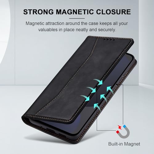 Image of Jasonyu Flip Wallet Case for Samsung Galaxy S24 FE,Leather Magnetic Folio Cover with Card Holder,Kickstand - TPU Shockproof Durable Protective Phone Case,Black
