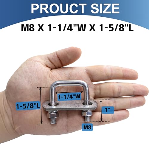 Image of 4 Pcs M8 Square U Bolts 1-1 /4 Inch Wide, 5 /16 inch x 1-1 /4 inchW x 1-5 /8 inchL | 304 Stainless U Bolt Heavy Duty with Nuts,Bolt Plate and Washers,1 1 /4 stainless u bolt,Metric bolts