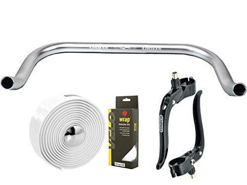 Permanent-Fahrrad Bullhorn Fixie Singlespeed Rennrad Triathlon Lenker Silber 400mm mit passenden Bremshebel und Weiße Lenkerband