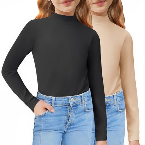 Image of Arshiner Girls 2 Pack Mock Turtleneck Long Sleeve Shirts Slim Fit Layer Top