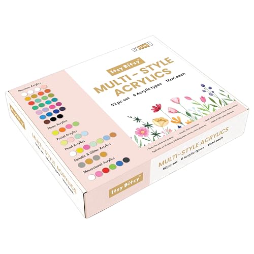 Image of Itsy Bitsy Multi Style Acrylic Paint Set 52 Colors x 15ml Each Box | Premium Artist Paints for Canvas Wood Fabric Glass | Non-Toxic Water-Based Colors for Beginners Students & Professionals