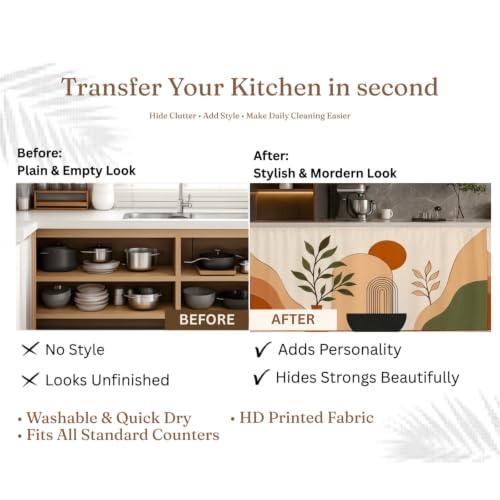 Image of Kitchen Curtains for Sink | Premium Printed Under-Sink Skirt for Kitchen Counter | Washable & Dustproof Rod Pocket Curtain | Home & Cooking Theme Decor (150cm x 70cm) (Bowl)