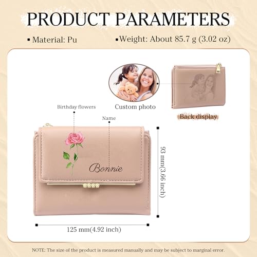 Personalized Wallets for Women - Trifold Leather Wallet with Birth Flower, Name&Picture for Mom Wife Daughter(Pink)2