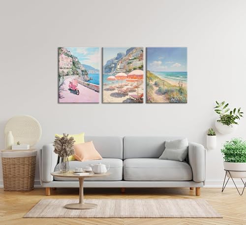 Vintage pink amalfi coastal Canvas wall art Retro Italy Pastel Beach Umbrella Painting Picture Wall Decor Pink Motorcycle Poster Print Artwork for Office Bedroom Living Room Girls Room Home Decoration by GHTGCMKX - Used condition - Image 5