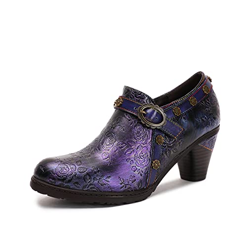CrazycatZ Leather Pumps,Womens Colorful Vintage Block Heel Floral Oxford Shoes3