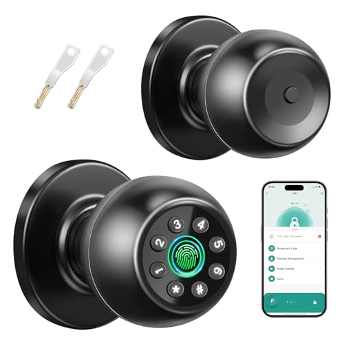 Smart Door Knob with Fingerprint, 5-in-1 Keyless Entry Door Lock with Keypad & App Control, Biometric Smart Lock with Backup Keys for Bedroom, Office Front Door (Black)