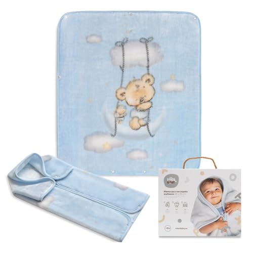 Coperta Sacco a pelo Neonato con cappuccio, Osito Nube blu · Sacco Nanna Invernale Avvolgente · Multifunzione 3 in 1· 80x90 cm · INTERBABY