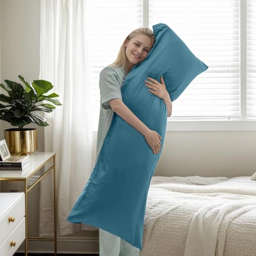 Image of Body Cooling Pillow Cases Cover, Bamboo Rayon Body Pillowcases with Zipper Closure, Cool and Breathable Pillow Case for Hot Sleepers and Night Sweats, 20x54 inches, Blue