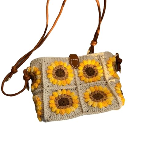 Handmade Shoulder Bag for Women, Knitted Sunflowers Crossbody Bag for Women with Long Leather Strap, Checkered Womens Shoulder Bags Summer Purse with Magnetic Buckle Closure, Anti Theft