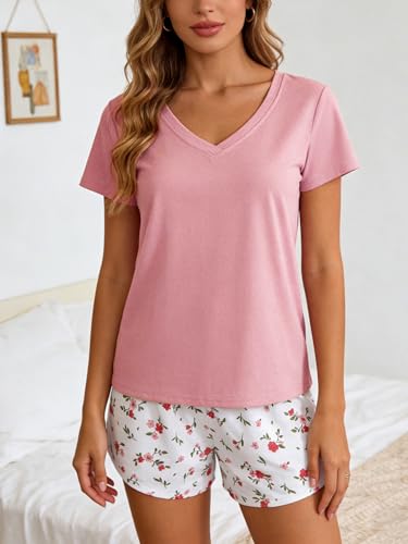 Image of VENTELAN Pajama Set For Women Cute PJS Summer Short Sleeve Shorts Sleepwear