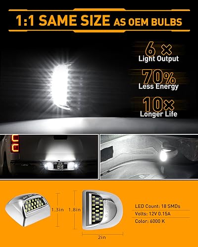 LESAUCE Full LED License Plate Light Chrome Housing Tag Lamp Assembly Replacement for Chevy Silverado 1500 2500 3500 Suburban Tahoe GMC Sierra Yukon XL, 6000K White, Pack of 2