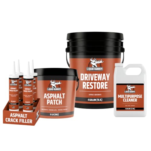 Liquid Rubber Driveway Restore Sealant - Highly Flexible Asphalt Coating Fills Cracks and Revitalize Kit- Includes 4 Gallon Sealer 1 Gallon Asphalt Patch 4 x Crack Filler 10.2 oz Patio Cleaner 1G