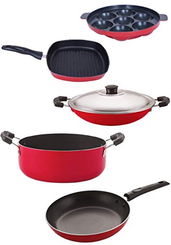 Nirlon Non Stick cookware Set of 5 Pieces Combo for Wedding Gift(2.6mm_AP(7)_AC_GP(22.5)_Cass20_TP24)