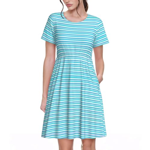 Robe d'été trapèze à rayures bleues pour femme avec poches pratiques