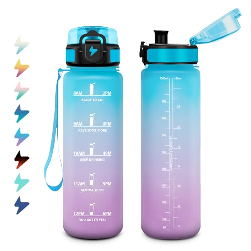 Borraccia 1 Litro, Bottiglia Motivazionale con Filtro, a Prova di Perdite, Bottiglia Acqua Sportiva con Indicatore del Tempo, Facile da Aprire, Borraccia Palestra per Fitness, Viaggi, Scuola