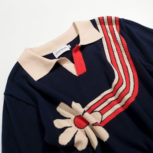 OXKNIT Mens V-Neck Polo Shirt Knitted Shirt Dark Blue Short Sleeve Golf Shirt with Flower Pattern3