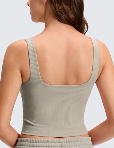 Image of CRZ YOGA Ribbed Henley Crop Tank Tops | Medium Support, Removable Pads, Casual, Square Back, Wide Straps, Longline Sports Bras for Women