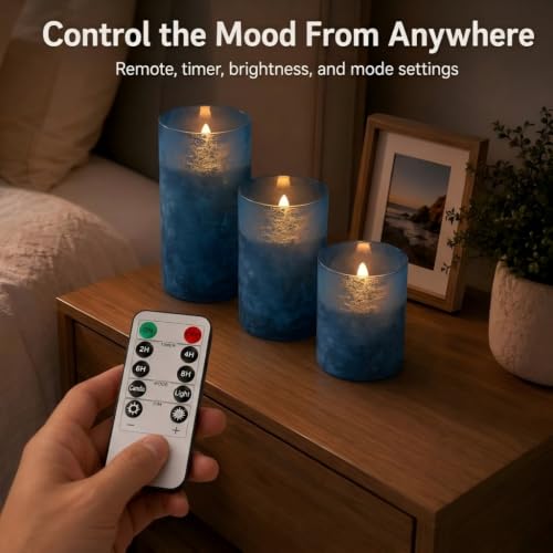 Image of Blue Battery Operated Candles Remote Timer Coastal Decor Set of 3 | Blue Sandblasted Glass, Warm White LED Glow, Real Wax, 10 Key Remote, 2 4 6 8 Hour Timer, 3 Sizes