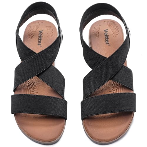 Veittes Women's Flat Slide Sandals - Fashionable Elastic Ankle Strap Comfortable Flat Summer Sandals.(2407005,BK/MF,6)