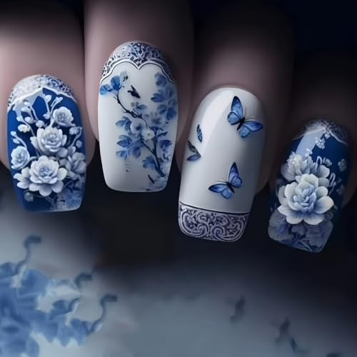 Chinese Style 24PCS Butterfly Flower Press on Nails for Women Blue and White Short Square Glossy Fake Nail Acrylic Full Cover Stick on Nails Manicure Decoration Reusable False Nail Kit Gift image 5