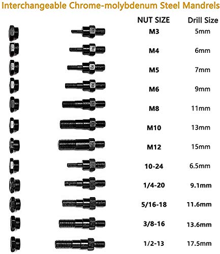 RZX 16" Rivet Nut Tool, Professional Rivet Nut Tool Setter Kit Including 12 Metric and SAE Mandrels, 115Pcs Assorted Rivet Nuts, Effortless Design, Aluminum Carrying Case