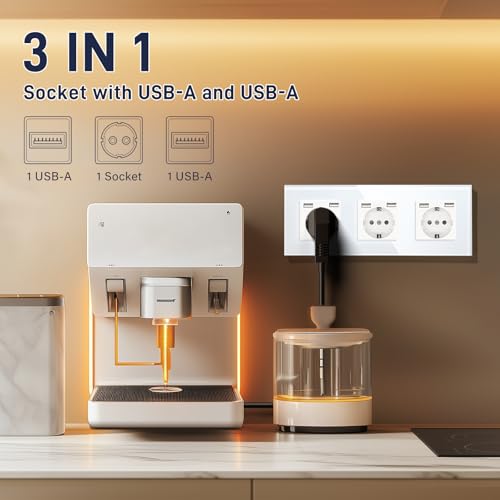 BSEED USB Steckdose Tripel Weiß Schuko Steckdose mit USB Anschluss (Max. 2.1A) Unterputz Steckdose Glas Schutzkontakt-Steckdose Ladegerät für Handys, Laptops etc