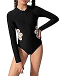 Momkonzz Girls One Piece Swimming Costume for Tween Cut Out Swimsuits with Front Zipper UPF 50+ Protection 8-12Y (Black 11Y