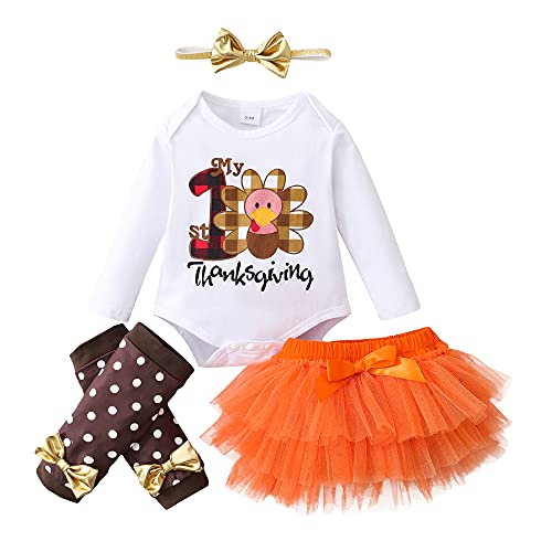 Newborn Baby Girl Clothes Gifts Thanksgiving Outfit 3-6 Month Girl Clothes Long Sleeve Little Infant Girl Onesies Romper Tutu Dress Headband Legging Fall Winter Toddler Baby Girl Clothing