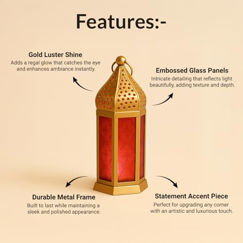 Image of MARKET 99 Metal & Glass Moroccan Lantern with Embossed Glass | Christmas & Holiday Candle Holder, Festive Home Decor, Diwali, Birthday & Wedding Decoration-Golden & Red | (Use LED T-Light only)